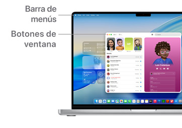 Recorrido por la navegación de macOS que muestra la barra de menús en la parte superior de la pantalla de un MacBook y el Dock.