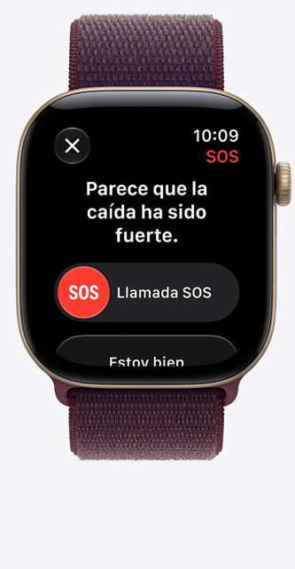 Apple Watch Series 12, la pantalla muestra una notificación de caída brusca, opción de llamada de emergencia, caja de aluminio, color dorado claro, con correa Loop deportiva, color burdeos