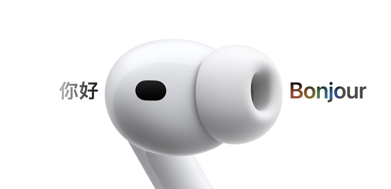 AirPods Pro 3, écouteur avec embout en silicone, Traduction en direct remplace le texte en espagnol « hola » par le texte en français « bonjour »