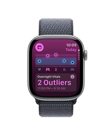 Apple Watch Series 11, space gray color, aluminum case, Vitals app, health score chart, overnight vitals outliers notification, right side exterior, Digital Crown, Sport Loop, dark gray color