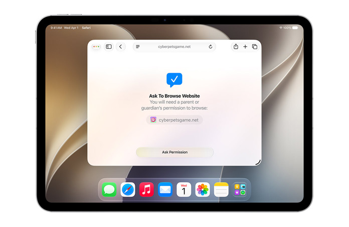 iPad mit der Benutzeroberfläche «Surfanfrage», die die Person benachrichtigt, dass sie eine Erlaubnis zum Aufrufen einer Website benötigt, mit der Taste «Erlaubnis anfordern» darunter.