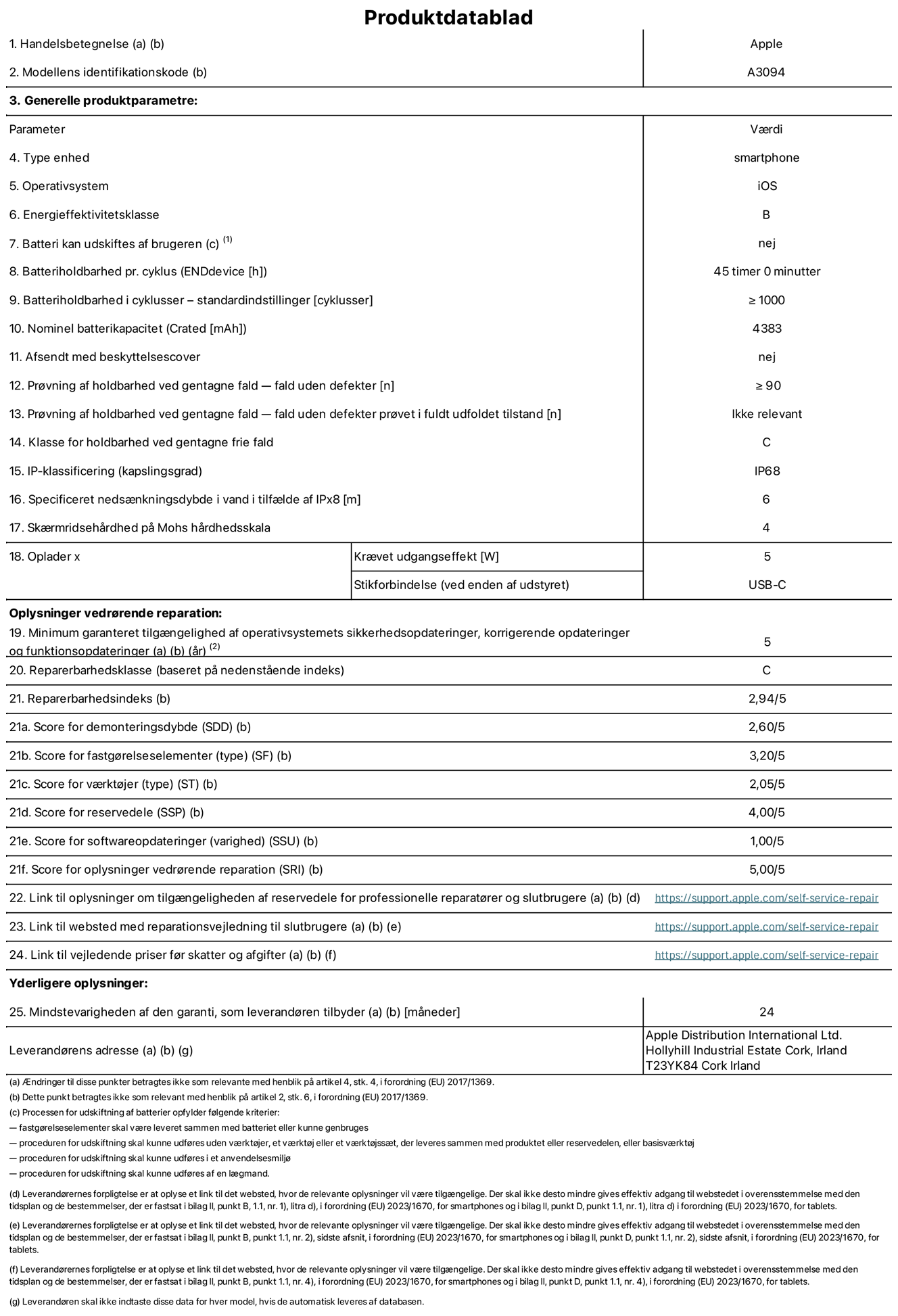 Produktdatablad til iPhone 15 Plus, model A3094. Leveret af Apple Distribution International Limited, Hollyhill Industrial Estate. Cork, Irland T23 YK84. Enhedstype: smartphone. Styresystem: iOS. Energieffektivitetsklasse: B. Batteri kan udskiftes af brugeren: nej. Batteritid pr. cyklus: 45 timer. Batterilevetid i cyklusser – standardindstillinger: ≥ 1000. Nominel batterikapacitet: 4383 mAh Leveres med beskyttelsescover: nej. Holdbarhedstest ved gentagne fald – fald uden defekt: ≥ 90. Holdbarhedstest ved gentagne fald – fald uden defekt testet i fuldt udfoldet tilstand: ikke relevant. Holdbarhedsklasse ved gentagne fald: C. Kapslingsgrad: IP68. Angivet nedsænkningsdybde i vand ved IPx8: 6. Skærmens ridsefasthed på Mohs' hårdhedsskala: 4. Påkrævet udgangseffekt for oplader: 5 W. Opladerstiktype (på enheden): USB-C. Garanteret minimumsperiode for tilgængelighed af sikkerhedsopdateringer, fejlrettelser og funktionsopdateringer til styresystemet: 5 år. Reparerbarhedsklasse: C. Reparationsindeks: 2,94/5. Antal point for demonteringsdybde: 2,60/5. Antal point for fastgørelseselementer: 3,20/5. Antal point for værktøj: 2,05/5. Antal point for reservedele: 4,00/5. Antal point for softwareopdateringer: 1,00/5. Antal point for reparationsoplysninger: 5,00/5. Weblink til oplysninger om tilgængeligheden af reservedele for professionelle reparatører og slutbrugere: https://support.apple.com/self-service-repair. Weblink til vejledning i reparation for slutbrugere: https://support.apple.com/self-service-repair. Weblink til vejledende priser før skatter og afgifter: https://support.apple.com/self-service-repair. Produktet er omfattet af 24 måneders garanti.