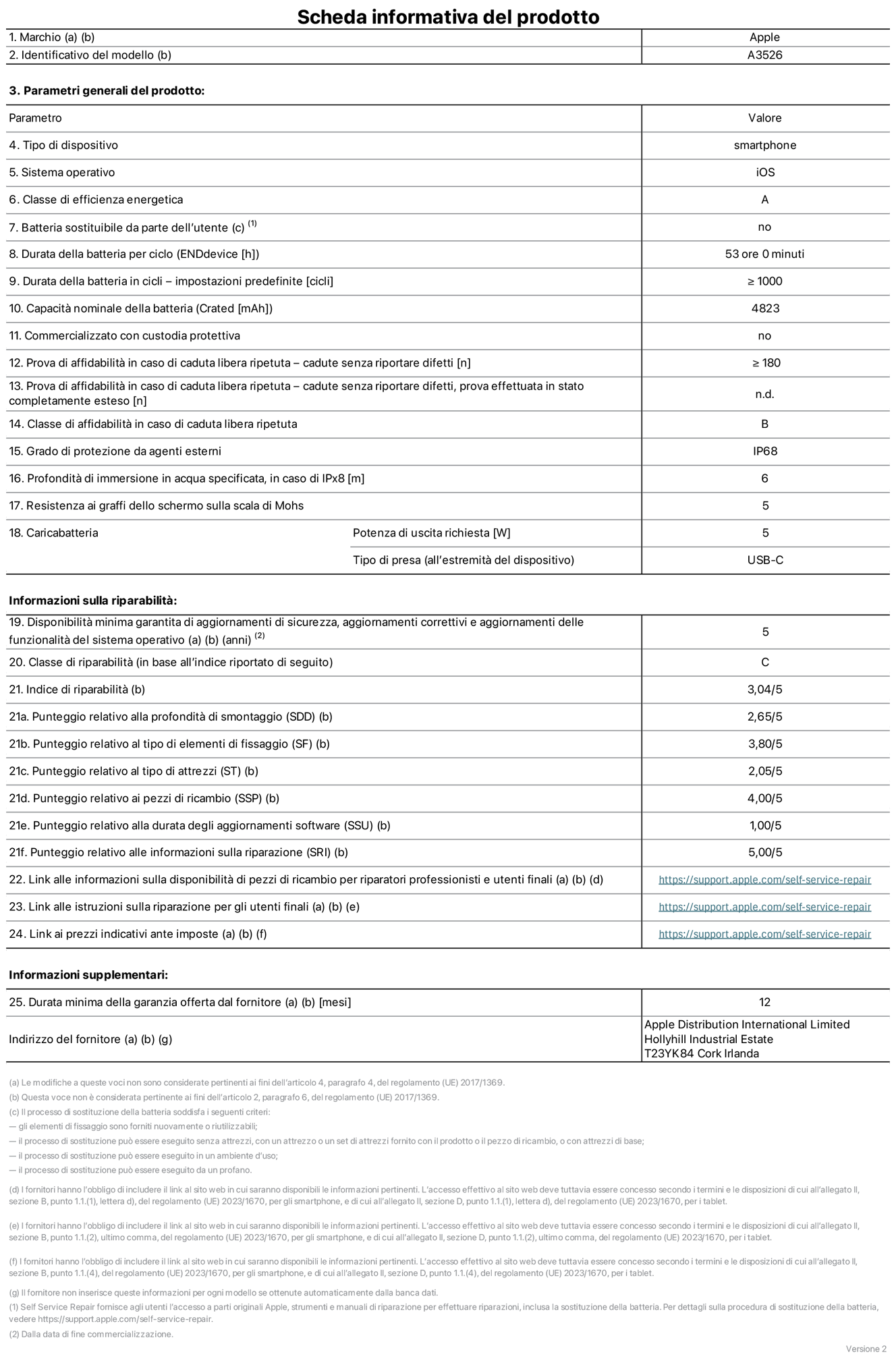 Scheda informativa del prodotto per iPhone 17 Pro Max, modello A3526. Fornito da Apple Distribution International Limited, Hollyhill Industrial Estate, T23 YK84, Cork, Irlanda. Tipo di dispositivo: smartphone. Sistema operativo: iOS. Classe di efficienza energetica: A. Batteria sostituibile da parte dell’utente: no. Durata della batteria per ciclo: 53 ore. Durata della batteria in cicli (impostazioni predefinite): maggiore o uguale a 1000. Capacità nominale della batteria: 4823 milliampere-ora. Commercializzato con custodia protettiva: no. Prova di affidabilità in caso di caduta libera ripetuta (cadute senza riportare difetti): maggiore o uguale a 180. Prova di affidabilità in caso di caduta libera ripetuta (cadute senza riportare difetti, prova effettuata in stato completamente esteso): non disponibile. Classe di affidabilità nel caso di caduta libera ripetuta: B. Grado di protezione da agenti esterni: IP68. Profondità di immersione in acqua specificata, in caso di IPx8: 6 metri. Resistenza ai graffi dello schermo sulla scala di Mohs: 5. Potenza di uscita richiesta per il caricabatterie: 5W. Tipo di presa per il caricabatterie (all’estremità del dispositivo): USB-C. Disponibilità minima garantita di aggiornamenti di sicurezza, aggiornamenti correttivi e aggiornamenti delle funzionalità del sistema operativo: 5 anni. Classe di riparabilità: C. Indice di riparabilità: 3,04 su 5. Punteggio relativo alla profondità di smontaggio (SDD): 2,65 su 5. Punteggio relativo al tipo di elementi di fissaggio: 3,80 su 5. Punteggio relativo al tipo di attrezzi: 2,05 su 5. Punteggio relativo ai pezzi di ricambio: 4,00 su 5. Punteggio relativo alla durata degli aggiornamenti software: 1,00 su 5. Punteggio relativo alle informazioni sulla riparazione: 5,00 su 5. Link alle informazioni sulla disponibilità di pezzi di ricambio per riparatori professionisti e utenti finali: https://support.apple.com/it-it/self-service-repair. Link alle istruzioni sulla riparazione per gli utenti finali: https://support.apple.com/it-it/self-service-repair. Link ai prezzi indicativi ante imposte: https://support.apple.com/it-it/self-service-repair. È prevista una garanzia generale di 12 mesi.