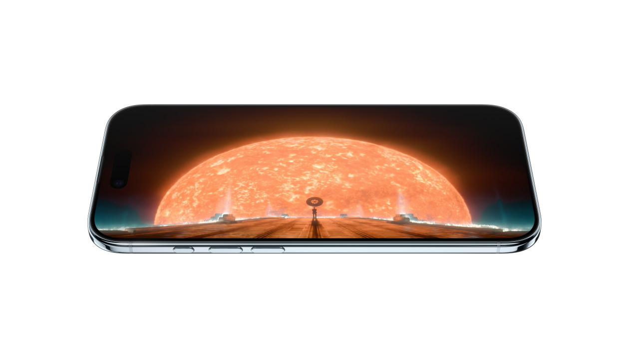 iPhone Air, face avant, côté, montrant une image statique de la série Apple TV+ Foundation