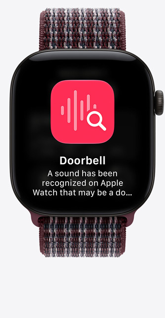 Apple Watch Series 12, boîtier en aluminium, noir, écran de conversations épinglées, bracelet Boucle Sport, couleur tartan bordeaux