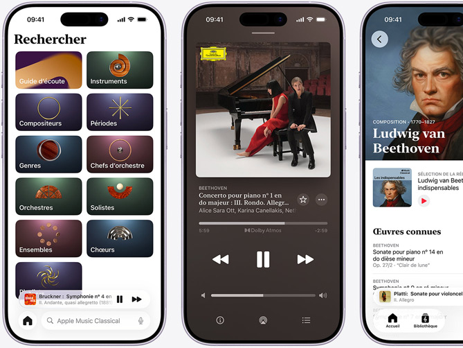 iPhone sur la gauche montrant l’onglet Explorer d’Apple Music Classical ouvert sur la section Catalogue avec les catégories Compositeurs, Périodes, Genres, Chefs d’orchestre, Orchestres, Solistes, Ensembles et Chœurs. iPhone au milieu montrant le concerto pour piano N°1 en do majeur de Beethoven, Op. 15 : III. Rondo. Lecture en cours de l’Allegro scherzando en Dolby Atmos. iPhone sur la droite affichant la page Composition de Ludwig van Beethoven