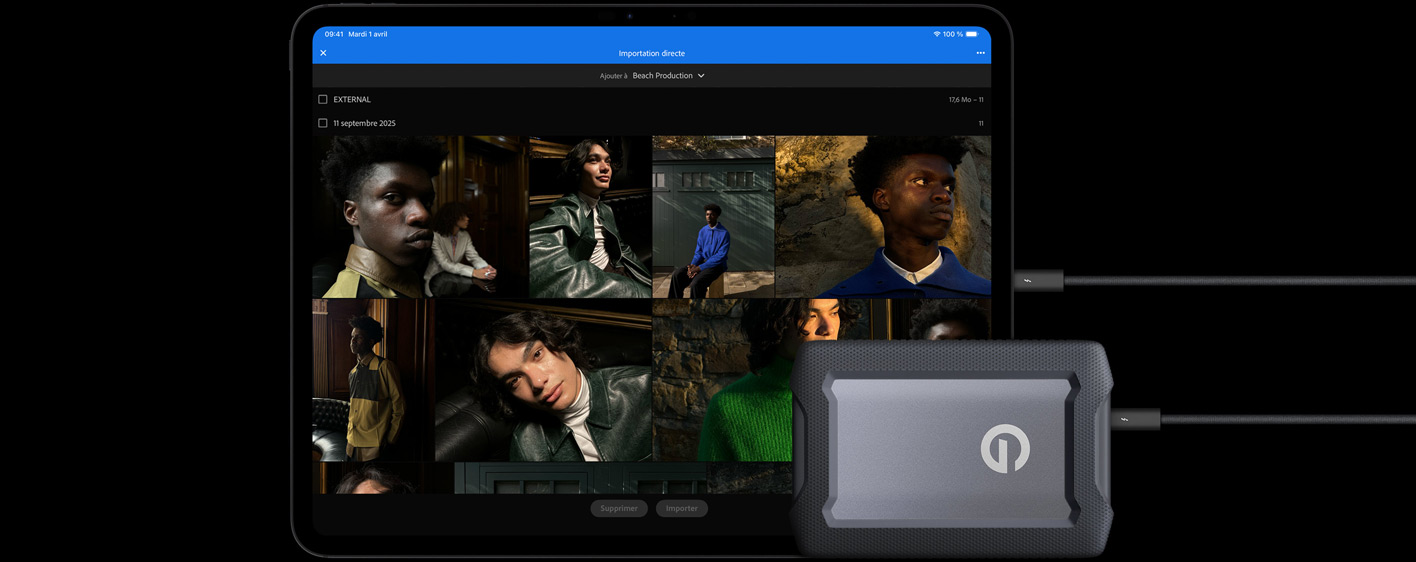 iPad Pro, face avant, orientation paysage, noir sidéral, connecté par câble à un disque dur externe USB‑C, écran affichant des photos de mannequins en cours d’importation dans un dossier nommé « Shooting campagne »