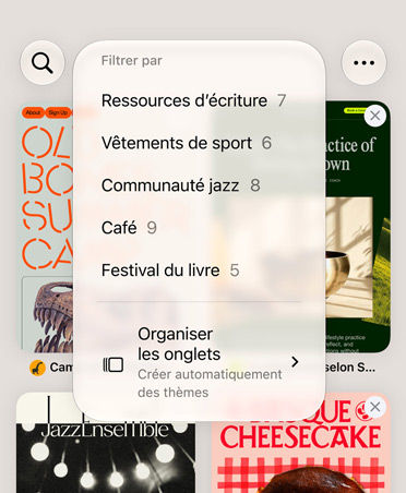 Navigateur Safari sur iPhone affichant le menu Filtrer avec des catégories telles que Ressources d’écriture, Vêtements de sport, Communauté de jazz, Café et Festival du livre, avec l’option Organiser automatiquement sélectionnée