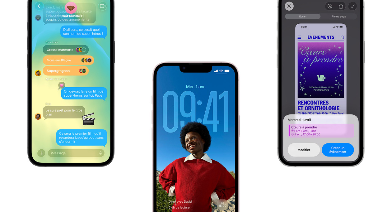 Trois iPhone 17e, l’écran de gauche affiche une conversation dans l’app iMessages, l’écran au centre affiche l’écran verrouillé avec le portrait d’une personne souriante, les apps calendrier et horloge en arrière-plan, l’écran de droite affiche une interface de création d’évènement