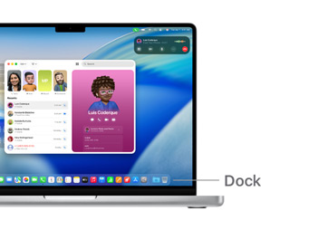 Une visite guidée de la navigation macOS sur un MacBook Pro 14″ avec des lignes indiquant l’emplacement du Dock.