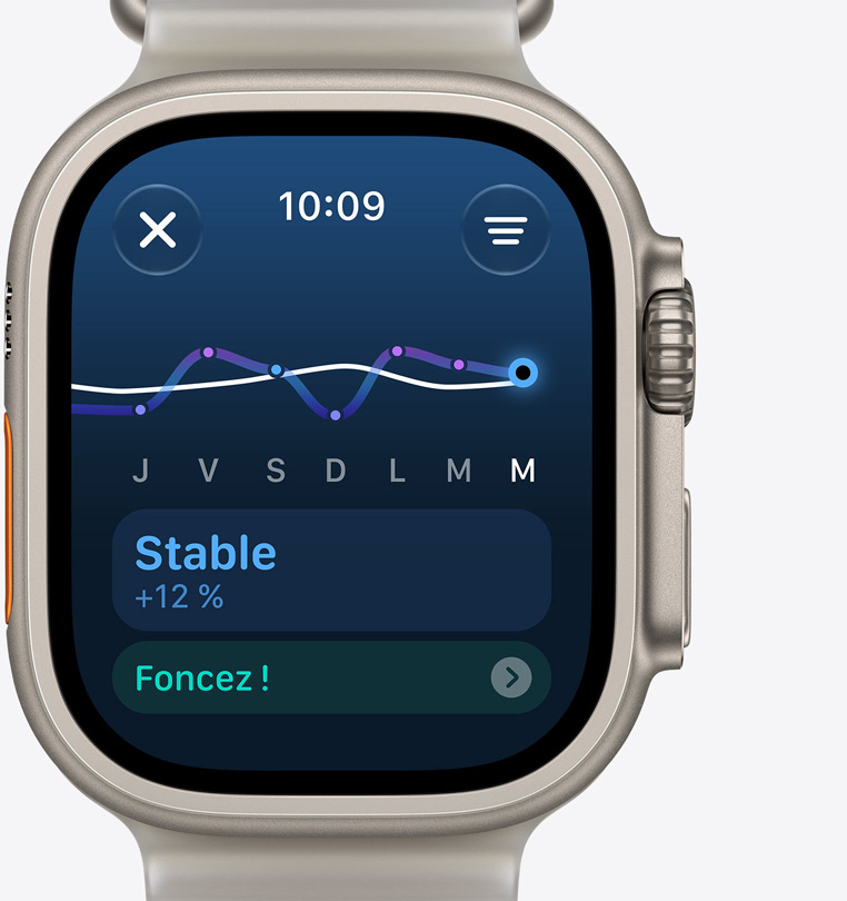 Apple Watch Ultra 4, écran charge d’entraînement indiquant une augmentation régulière, boîtier en titane, finition naturelle, associée au Bracelet Océan, gris translucide