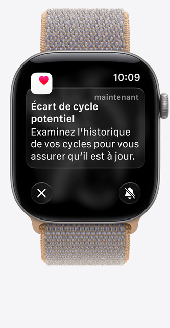 Apple Watch Series 12, écran affichant Suivi de cycle dans l’app Santé, notification d’écart de cycle potentiel, boîtier en aluminium, gris sidéral, associée à un bracelet Boucle Sport, bleu chambray (bleu-gris clair)