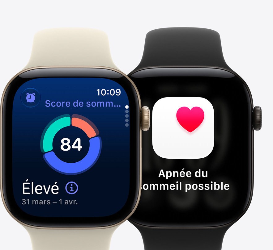 Plusieurs Apple Watch Series 12, écran score de sommeil, écran de notification de possible apnée du sommeil