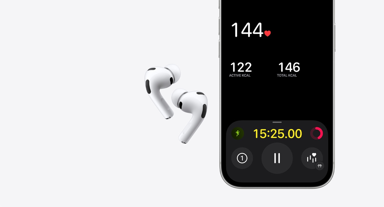 AirPods Pro 3, λευκό χρώμα, κάτω μισό της οθόνης του iPhone 17 Pro, app Άθληση, λειτουργία ανίχνευσης καρδιακών παλμών