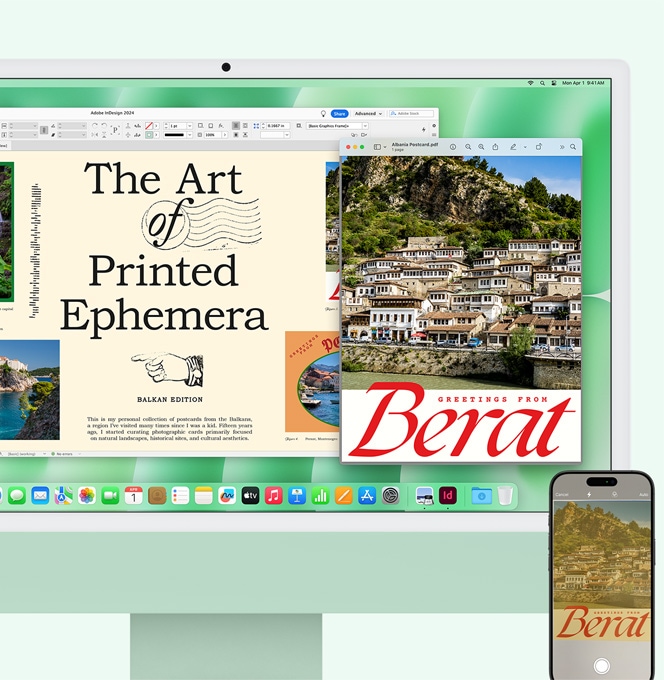Πράσινος iMac και iPhone δίπλα-δίπλα. Ένα έγγραφο που έχει σκαναριστεί με το iPhone εμφανίζεται στην οθόνη του iMac