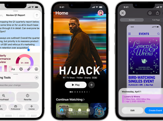 Συσκευές iPhone 17e δίπλα-δίπλα δείχνοντας διαφορετικές οθόνες: ένα παιχνίδι να παίζεται, Εργαλεία Γραφής, το app Apple TV, μία εκδήλωση να δημιουργείται στο ημερολόγιο, ένα Genmoji να δημιουργείται