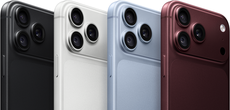Συσκευές iPhone 18 Pro στη σειρά, πίσω όψη, και τα τέσσερα χρώματα: Μαύρο, Παγετώνας, Ασημί, Μπορντό, σύστημα κάμερας Pro Fusion στην επάνω αριστερή γωνία, 3 φακοί, μικρόφωνο, φλας