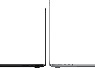 MacBook Pro 14 ιντσών και 16 ιντσών πλάτη με πλάτη που δείχνουν τη διαφορά μεγεθών και δίνουν έμφαση στο στενό τους προφίλ