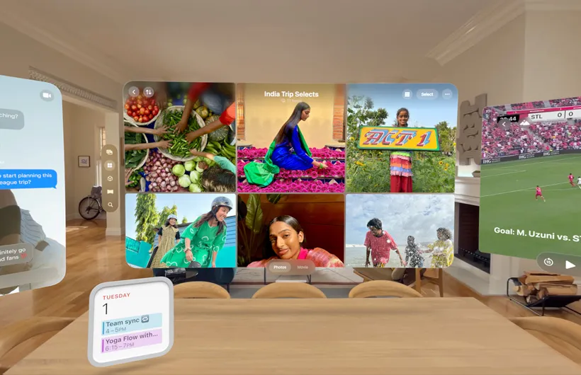 不同 app 和小工具在客廳空間懸浮，包括相片 app、訊息 app、日曆小工具以及 Apple TV app