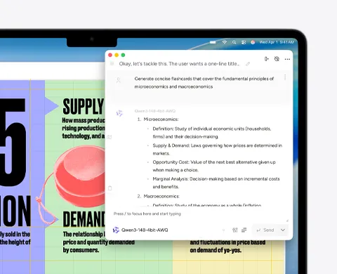 MacBook Air screen showing Apple Intelligence Writing Tools creating flash cards about micro and macro economics