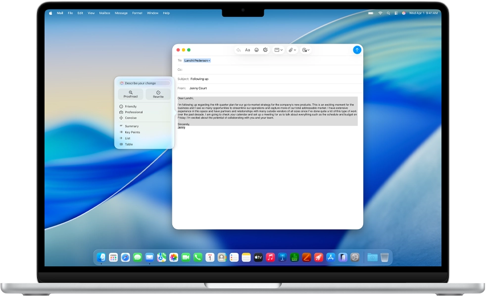 MacBook Air 螢幕顯示以 Apple Intelligence 書寫工具起草電郵