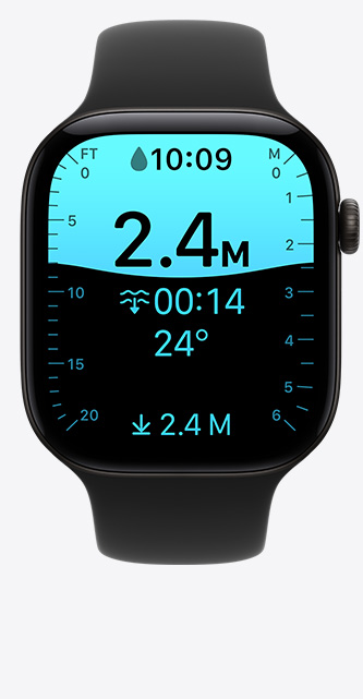 Apple Watch Series 12，黑色鋁金屬錶殼，配搭黑色運動錶帶，水深 app 畫面顯示潛水至 2.4 米深