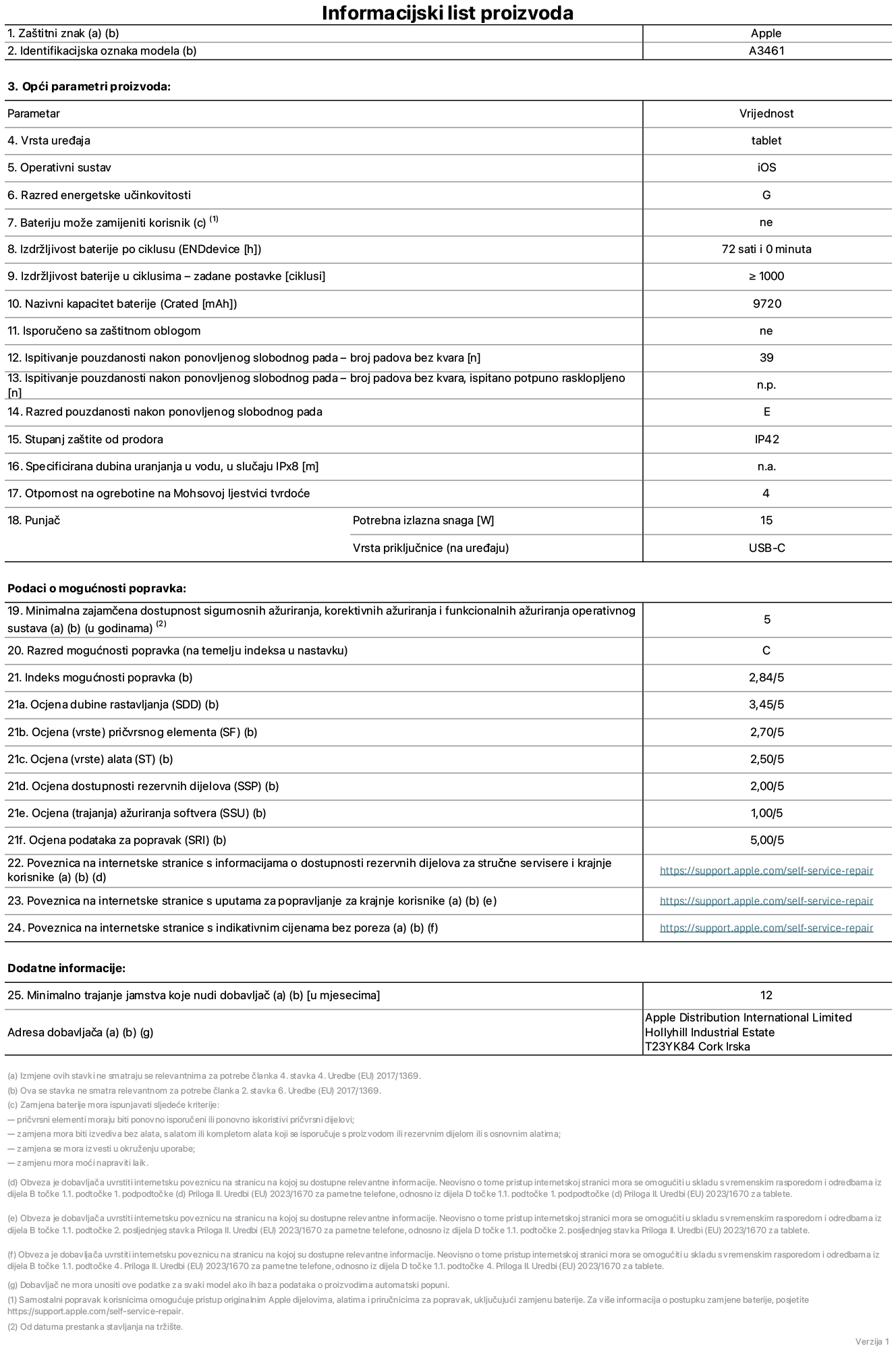 List s informacijama o proizvodu za 13-inčni iPad Air Wi-Fi, model A3461. Isporučuje Apple Distribution International Limited, Hollyhill Industrial Estate. Cork, Irska, T23 YK84. Vrsta uređaja: tablet. Operativni sustav: iOS. Klasa energetske učinkovitosti: G. Baterija koju može zamijeniti korisnik: ne. Trajanje baterije po ciklusu: 72 sata. Trajanje baterije u ciklusima - zadane postavke: 1000 ili više. Nazivni kapacitet baterije: 9720 mAh Isporučeno sa zaštitnom maskom: ne. Test pouzdanosti pri višekratnim slobodnim padovima - broj padova bez kvara: 39 ili više. Test pouzdanosti pri višekratnim slobodnim padovima - broj padova bez kvara testiranih u potpuno proširenom stanju: nije primjenjivo. Klasa pouzdanosti pri višekratnim slobodnim padovima: E. Ocjena zaštite od prodiranja: IP42. Specificirana dubina uranjanja u vodu u slučaju ocjene iPx8: nije primjenjivo. Otpornost na grebanje zaslona na Mohsovoj ljestvici tvrdoće: 4. Potrebna izlazna snaga punjača: 15 W. Vrsta utičnice punjača (na strani uređaja): USB-C. Minimalna zajamčena dostupnost sigurnosnih ažuriranja operativnog sustava, korektivnih ažuriranja i ažuriranja funkcija: 5 godina. Klasa popravljivosti: C. Indeks popravljivosti: 2,84/5. Ocjena dubine rastavljanja (SDD): 3,45/5. Ocjena pričvrsnih elemenata: 2,7/5. Ocjena alata: 2,5/5. Ocjena rezervnih dijelova: 2/5. Ocjena ažuriranja softvera: 1/5. Ocjena informacija o popravcima: 5/5. Poveznica koja vodi do informacija o dostupnosti rezervnih dijelova za profesionalne servisere i krajnje korisnike: https://support.apple.com/self-service-repair. Poveznica koja vodi do uputa za popravljanje za krajnje korisnike: https://support.apple.com/self-service-repair. Poveznica koja vodi do indikativnih cijena prije poreza: https://support.apple.com/self-service-repair. Ponuđeno je 12-mjesečno općenito jamstvo.