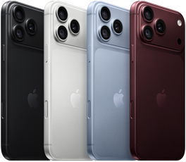 Uređaji iPhone 18 Pro u nizu, stražnja strana, sve četiri boje: crna, boja glečera, srebrna, bordo boja, sustav kamera Pro Fusion u gornjem lijevom kutu, 3 objektiva, mikrofon, bljeskalica