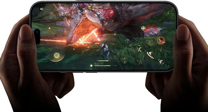 iPhone 18 Pro, prednja strana, prikazuje mogućnosti performansi čipa A20 Pro scenom iz serije Monster Hunter Outlanders