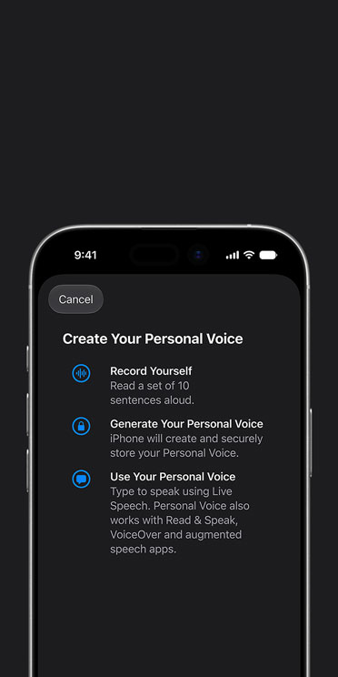 iPhone 17 screen showing Personal Voice feature with instructions on how to create your Personal Voice