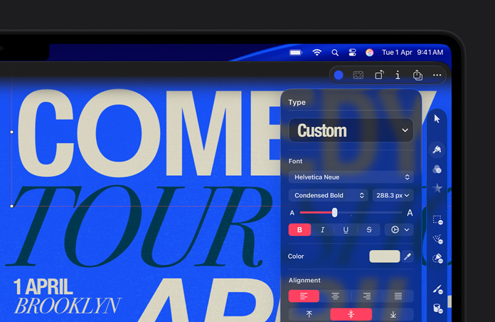 Pixelmator Pro workspace with white and black typography on blue background, toolkit bar to the right