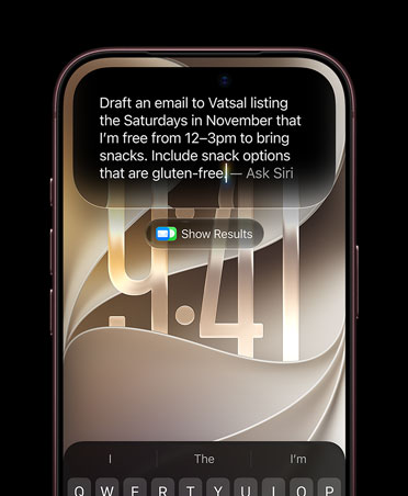 iPhone 18 Pro, Burgundy, screen displaying an Ask Siri prompt reading: Draft an email to Elton listing the Saturdays in November that I'm free from 12–3pm to bring snacks. Include snack options that are gluten-free