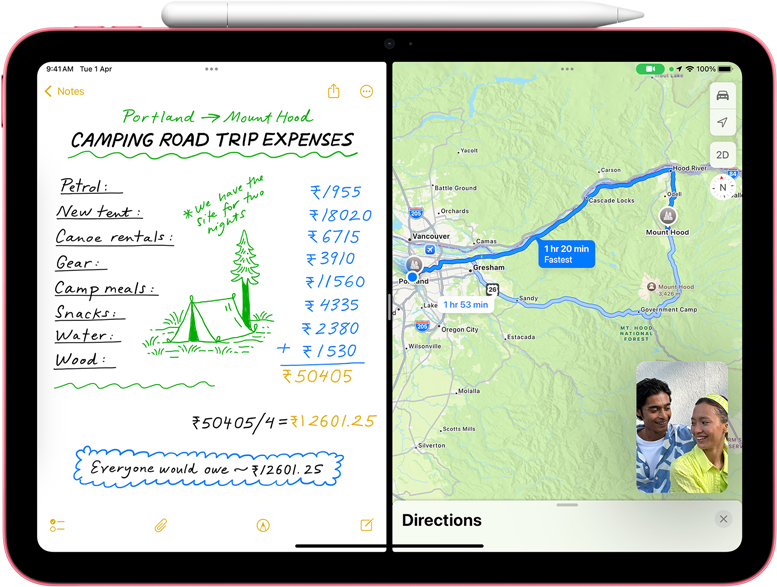 Math Note in Maps with a FaceTime picture-in-picture on iPad.