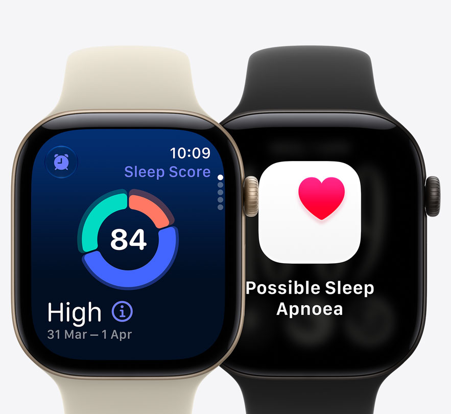 Apple Watch Series 12 devices: aluminium case, light gold colour, screen shows sleep score, connected to Sport Band, sand color (pale tan); aluminum case, black colour, screen shows possible sleep apnoea notification, connected to Sport Strap, black colour