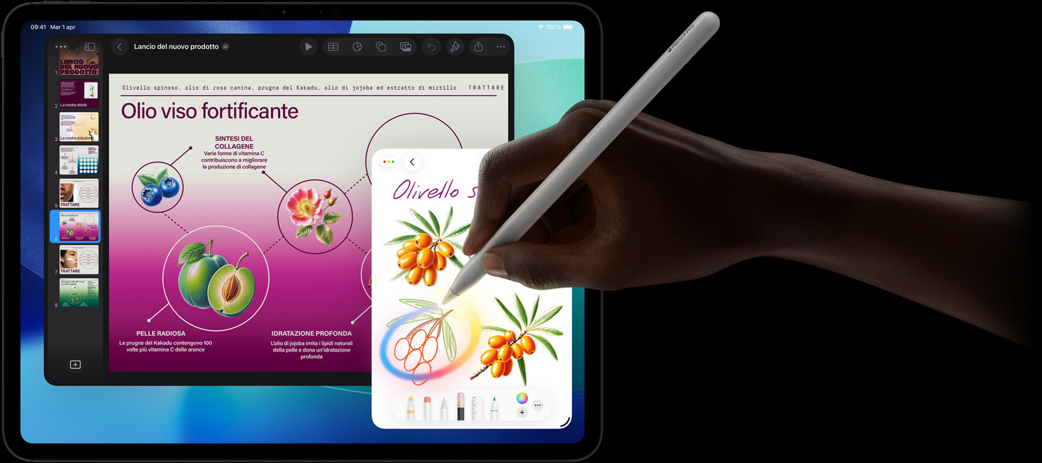 Un iPad Pro visto di fronte, lo schermo ha uno sfondo con colori sfumati dal blu scuro al verde, e sul display sono aperte diverse app; una mano tiene una Apple Pencil Pro e traccia un disegno con la funzione Bacchetta immagini di Apple Intelligence