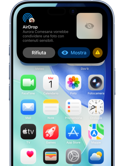 Una notifica di AirDrop offre all’utente la possibilità di accettare o rifiutare un’immagine sfocata