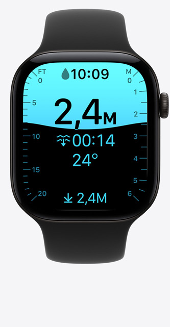 Apple Watch Series 12, cassa in alluminio nero, schermata dell’app Profondità, immersione a 2,4 metri, cinturino Sport nero