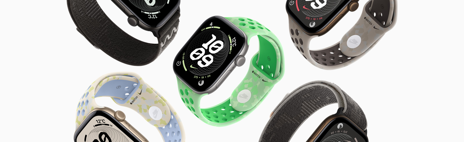様々なNike専用のバンドと文字盤を組み合わせたApple Watchデバイス