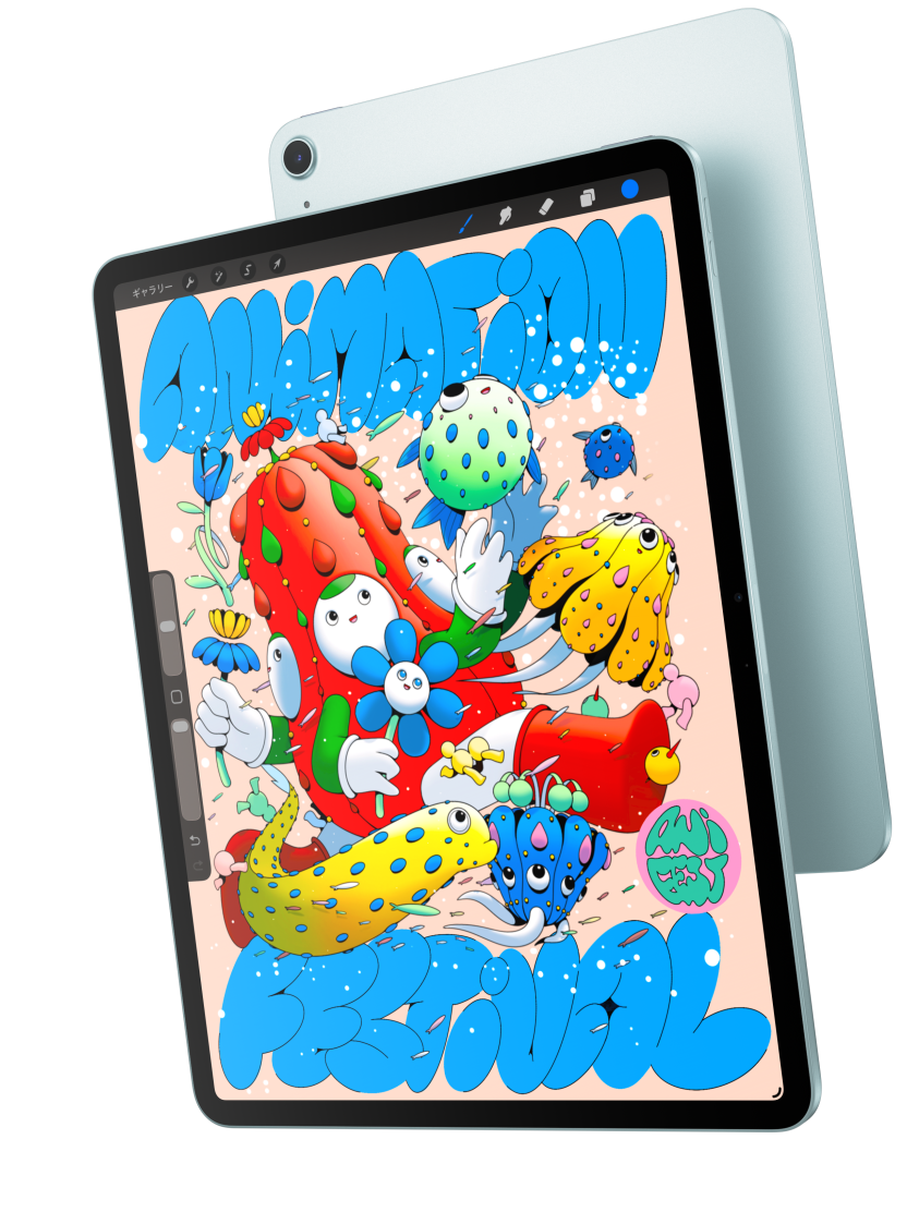 背面の外観が見えているブルーのiPad Airの手前に重なった、iPad Airの前面の外観。Procreateが表示された13インチモデルを紹介している