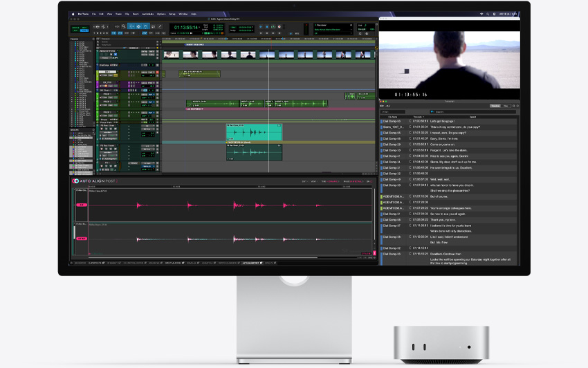 Studio Displayの下に収納されたMac miniの前面。macOS環境でAuto-Align Post 2プラグインを使用したPro Toolsが実行されている