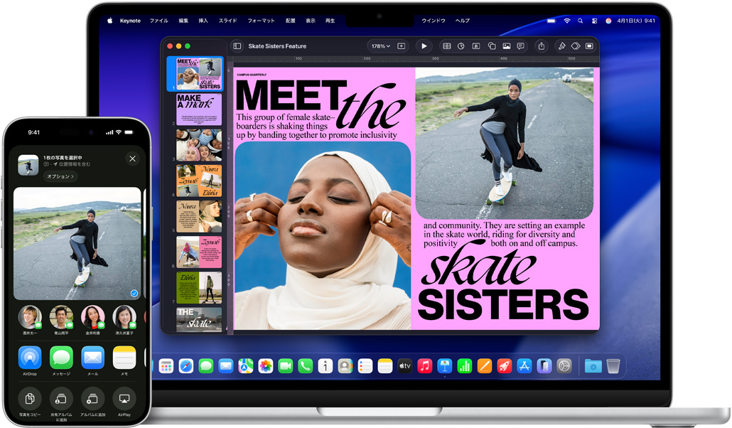 写真アプリを開いたiPhone 16 Plusと、Keynoteのスライドを開いた13インチMacBook Air。スライド上にiPhoneと同じ写真が表示されている