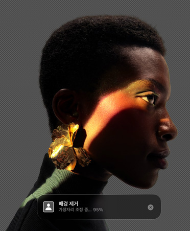 사람의 옆모습이 보이는 이미지와 배경 제거 도구가 있는 Pixelmator Pro 인터페이스