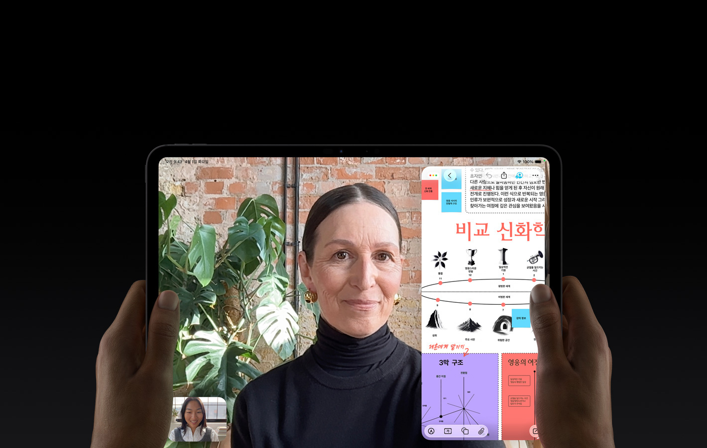 가로 방향으로 놓인 스페이스 블랙 색상 iPad Pro. 둥근 형태의 모서리, 블랙 디스플레이 베젤이 보이고, 양손으로 기기의 좌우 측면을 잡고 있습니다. 화면에는 FaceTime 통화 내용이 보이며, 화면의 오른쪽에는 텍스트, 도표, 손글씨 메모가 포함된 교육용 앱의 ‘영웅 서사’ 프레젠테이션이 표시되어 있습니다.