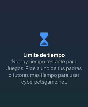 Pantalla de Límite de Tiempo que notifica al usuario que ha alcanzado el límite disponible para juegos con la opción de pedir más tiempo.