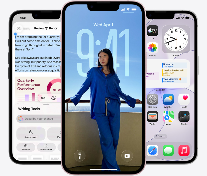 Three iPhone 17e devices, the left screen showing Apple Intelligence Writing Tools interface, with highlighted text in Quarterly Report document, center screen showing the lock screen with a portrait of a person in matching blue two-piece outfit, leaning against a railing, calendar and time apps behind them, right screen shows a iMessage conversation about dinner plans