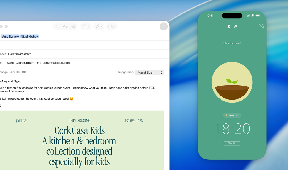 MacBook screen, Mail app open, iPhone screen mirrored on MacBook screen shows Forest app