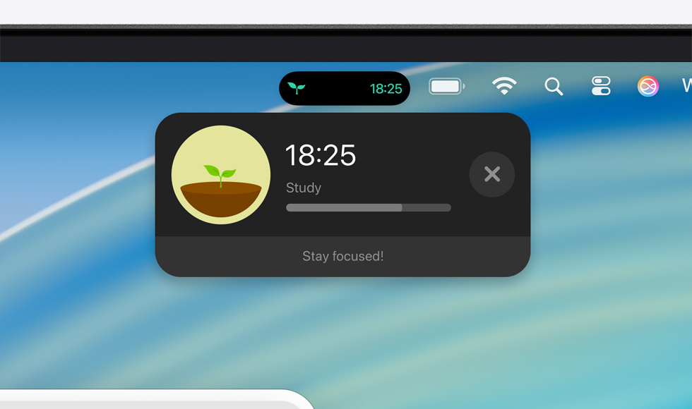 Top of Mac device screen showing the menu bar with an expanded Live Activity for Forest app