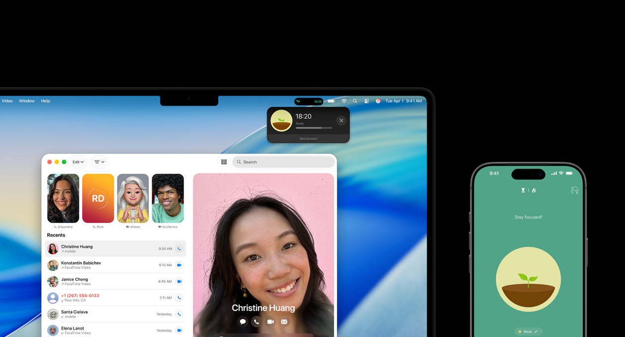 A MacBook Pro and iPhone side by side, MacBook Pro screen displays the Phone app and Live Activities from the Forest app, iPhone shows the Forest app