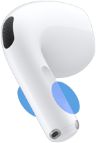 „AirPods 5“ ausinių išorė, mėlyni apskritimai pažymi, kur paliesti kotelį, norint valdyti garsumą