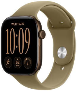„Apple Watch Series 12“, aliuminio korpusas, tamsios bronzinės spalvos, dešinės pusės išorinė dalis, „Digital Crown“, mikrofonas, šoninis mygtukas, prijungtas prie sportinio dirželio, alyvuogių žalios spalvos (žemiškai žalios), prakišamas užsegimas su kaišteliu (sidabrinis kaištelis)
